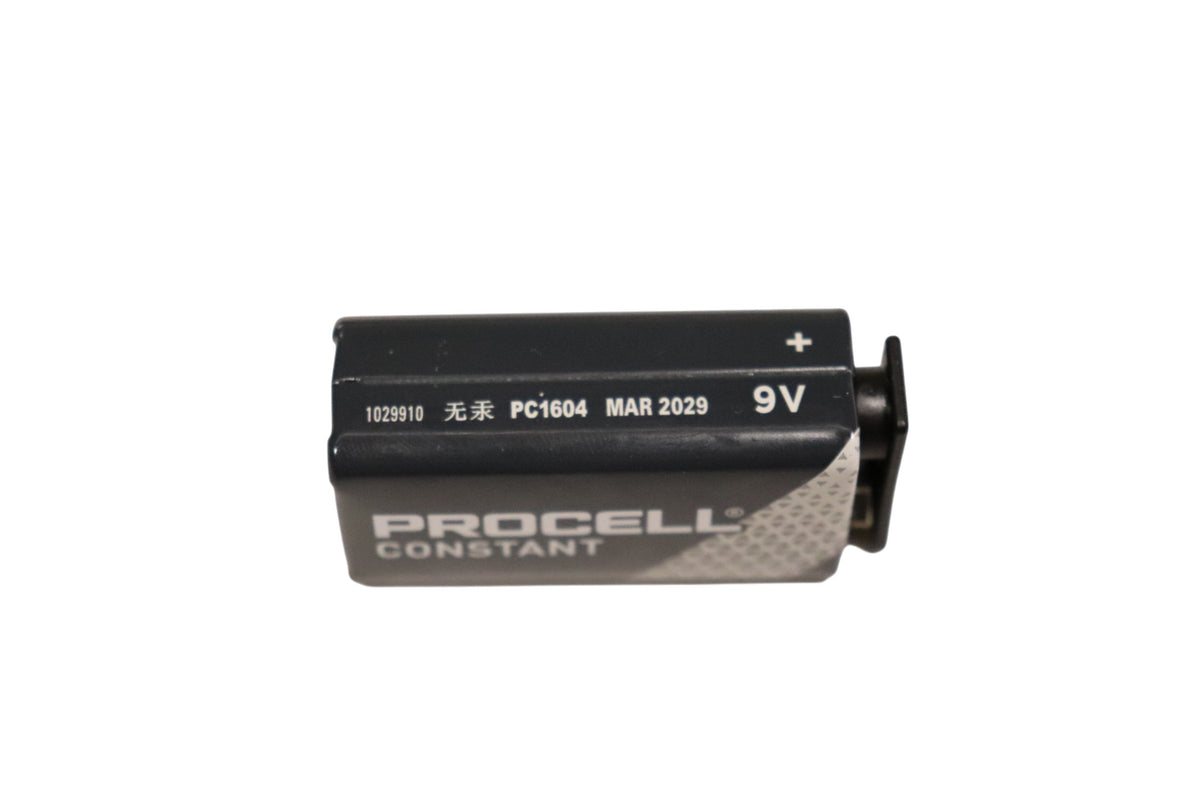 Duracell Procell Constant alkaline battery showing 9V marking and battery details