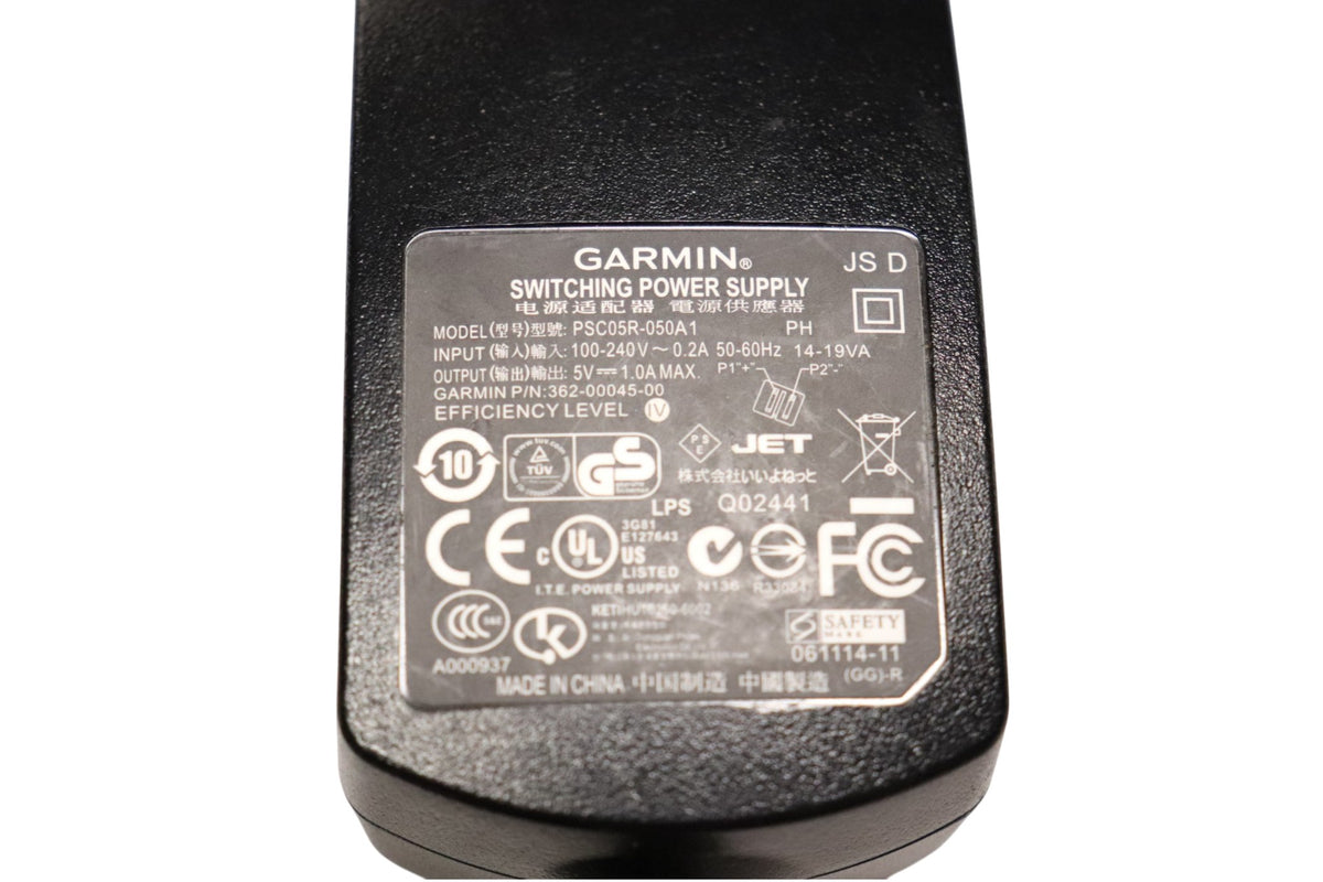 Garmin DC30 AC charger label showing OEM part number 362-00045-00 and power specifications