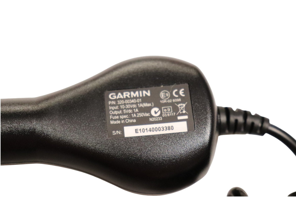 Garmin DC30 auto charger label showing OEM part number 320-00340-01