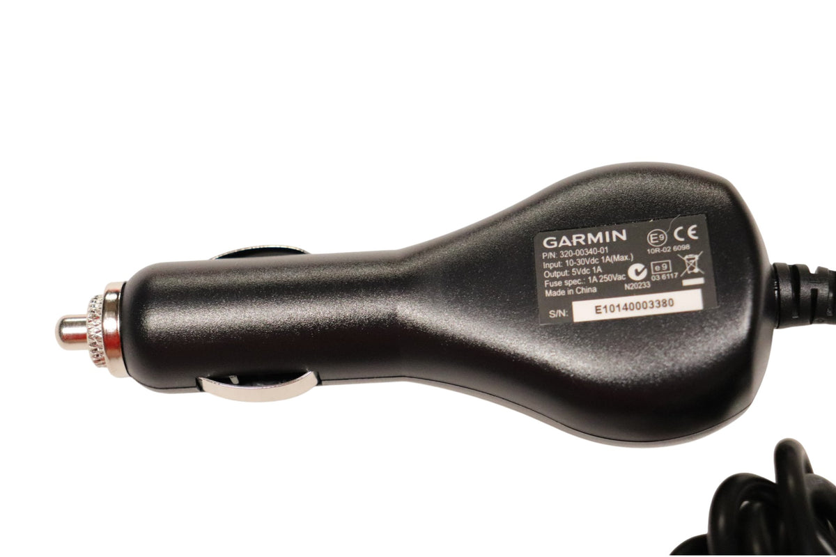 Genuine Garmin DC30 vehicle charger showing OEM power adapter and Garmin label