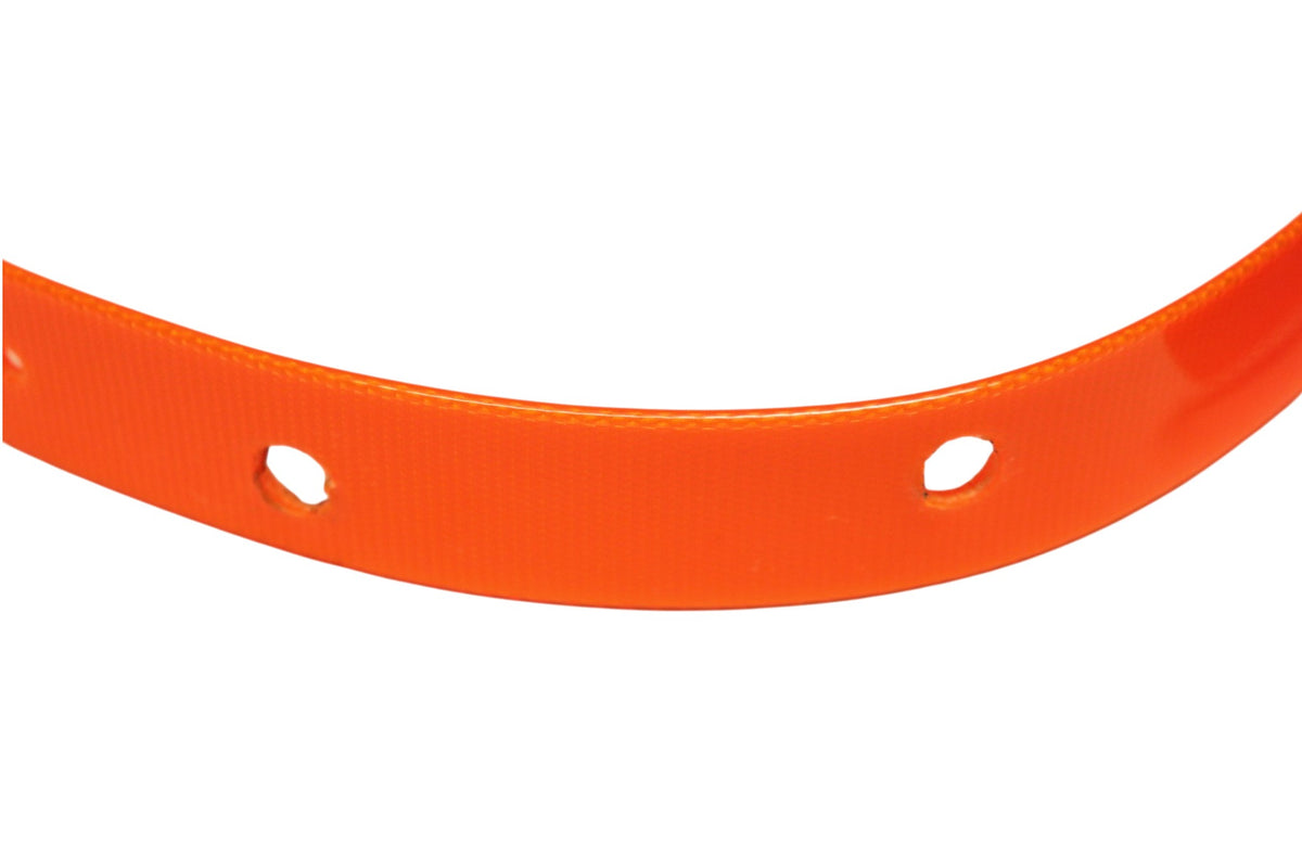 Close-up of pre-drilled Garmin DC40 receiver mounting holes on orange collar strap