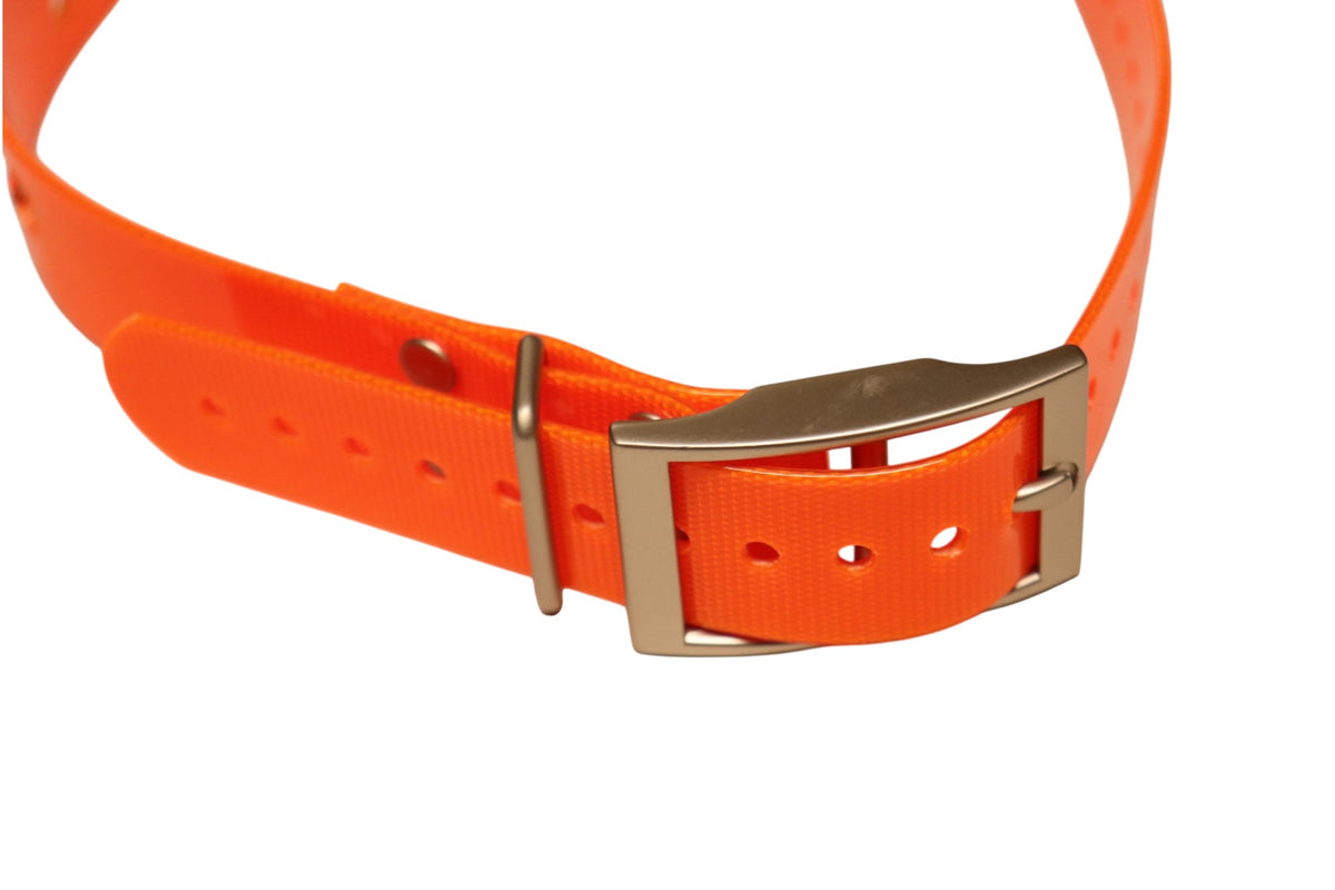 Close-up of adjustable buckle on Garmin DC40 orange replacement collar strap