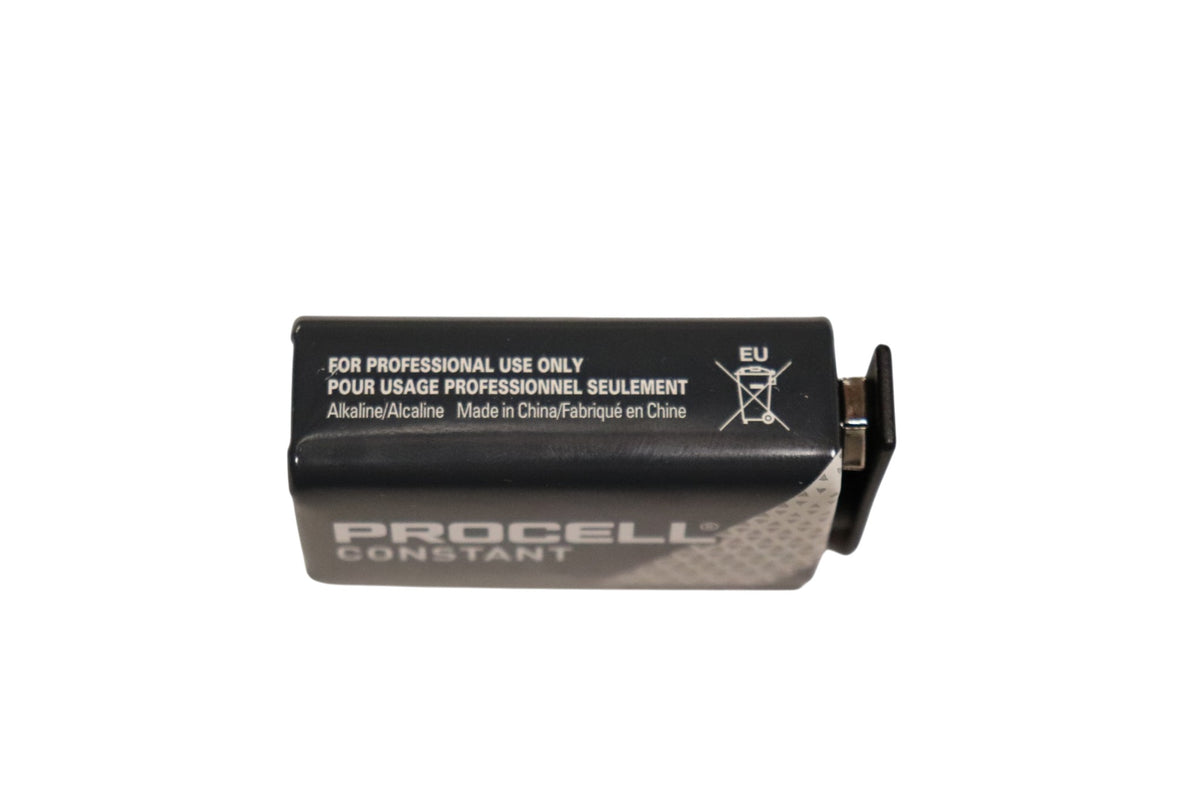 Duracell Procell Constant 9V alkaline battery side label and terminals