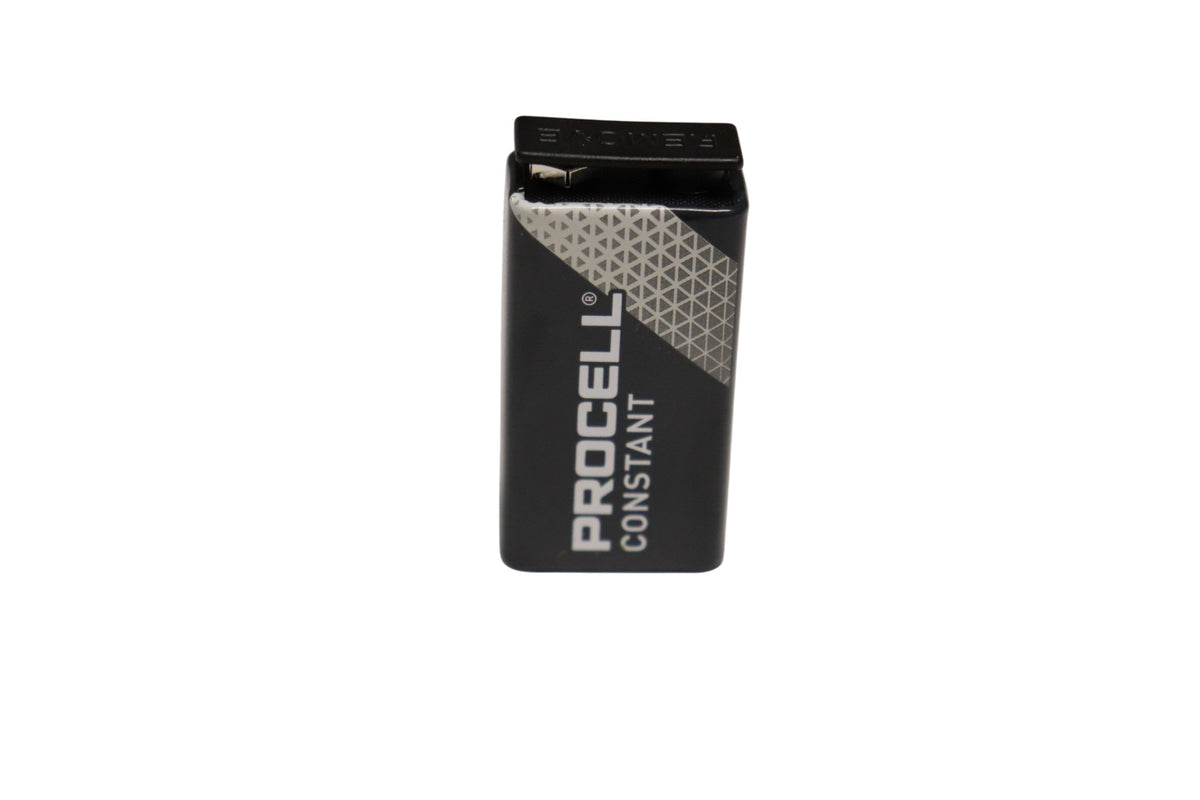 Top view of Duracell Procell Constant 9V alkaline battery for compatible Tri-Tronics equipment