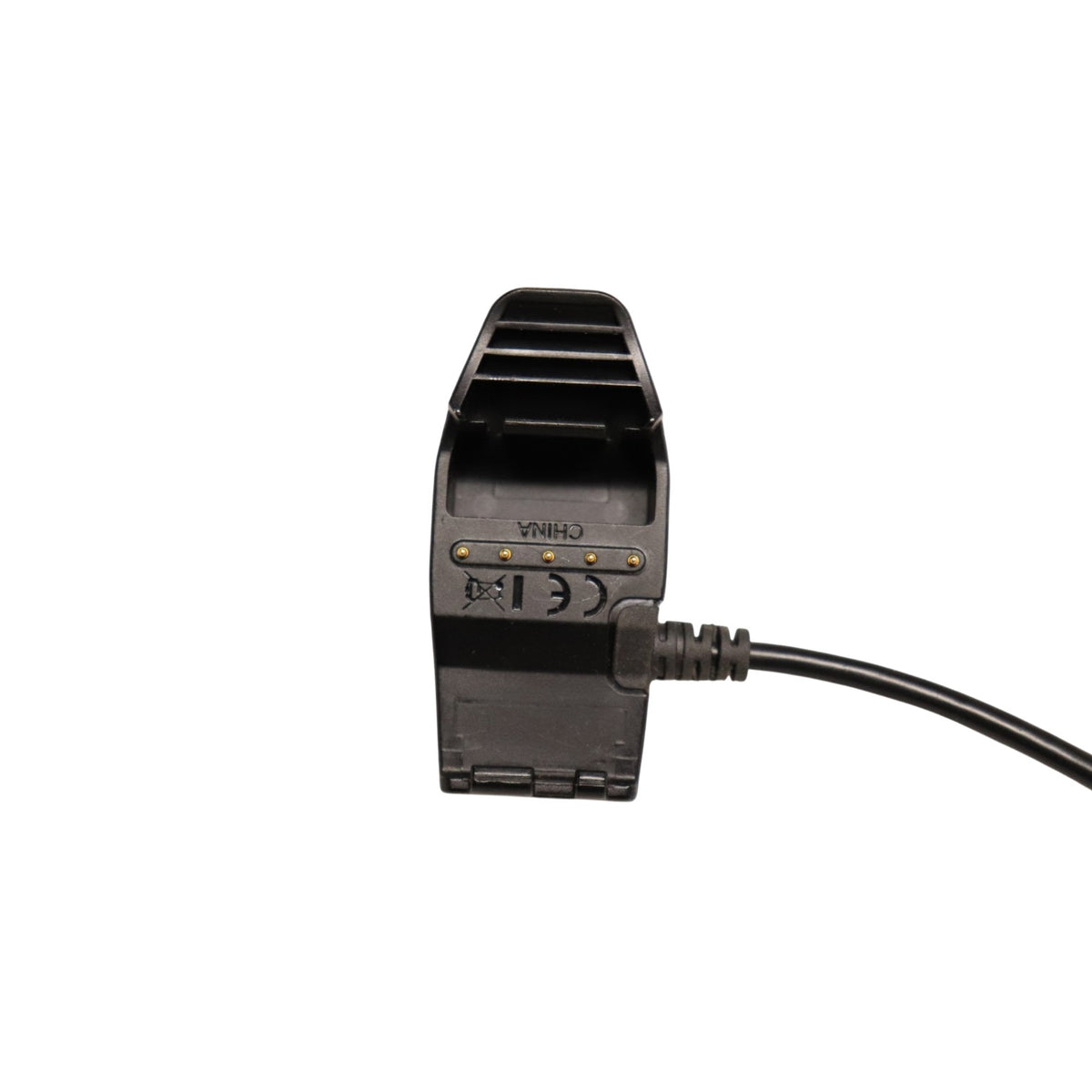 Underside of genuine Garmin TT15 charging clip showing five gold charging contacts
